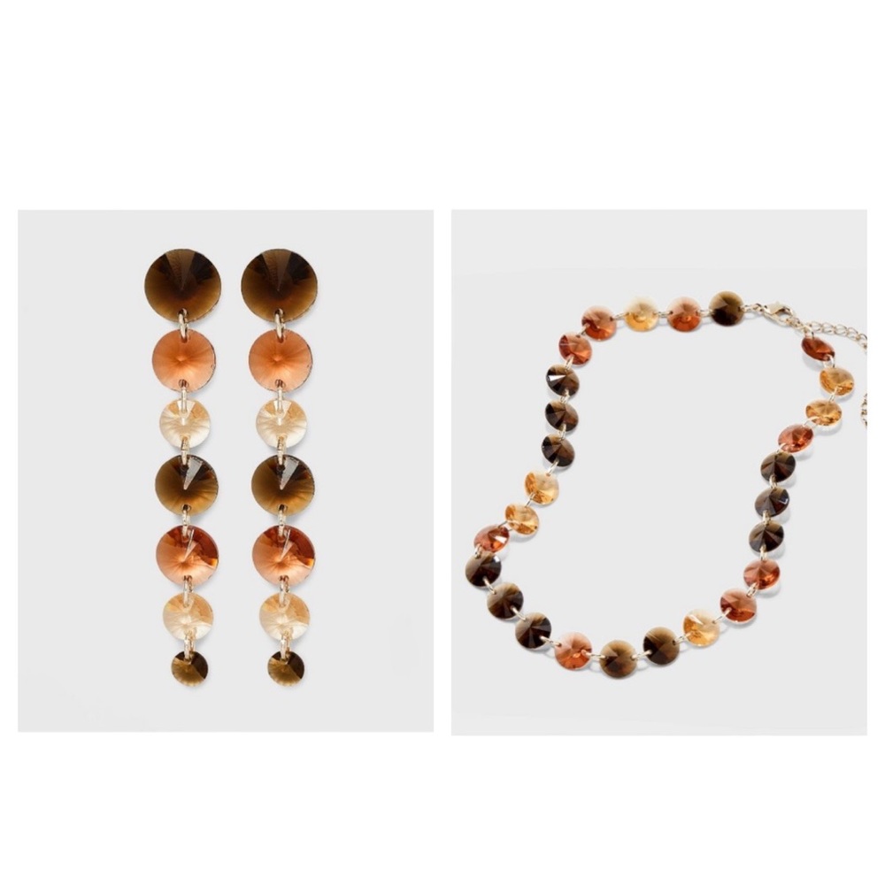 Stone Beaded Necklace And Stone Beaded Drop Earrings Set Brown NWT